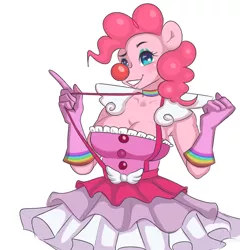 Size: 730x760 | Tagged: suggestive, artist:coome, artist:vailyfinch, derpibooru import, pinkie pie, anthro, ace attorney, anime, clothes, clown, clown nose, cosplay, costume, geiru toneido, image, phoenix wright, png, red nose