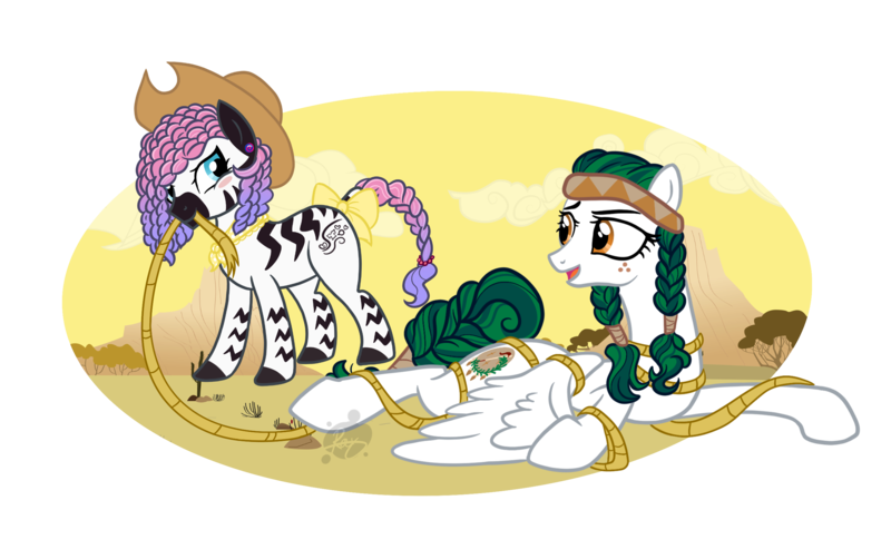 Size: 2565x1609 | Tagged: safe, artist:xcosmicghostx, derpibooru import, oc, oc:olivia leaf, oc:zuri sambo, pegasus, pony, zebra, bandana, bedroom eyes, blushing, bow, cloud, cowboy hat, desert, duo, ear piercing, earring, female, freckles, hat, headband, image, jewelry, lasso, lesbian, looking at each other, looking at someone, lying down, mare, mouth hold, multicolored mane, oc x oc, open mouth, piercing, png, prone, rope, sand, shipping, simple background, sky, tail, tail bow, transparent background, zebra oc