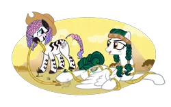 Size: 2565x1609 | Tagged: safe, artist:xcosmicghostx, derpibooru import, oc, oc:olivia leaf, oc:zuri sambo, pegasus, pony, zebra, bandana, bedroom eyes, blushing, bow, cloud, cowboy hat, desert, duo, ear piercing, earring, female, freckles, hat, headband, image, jewelry, lasso, lesbian, looking at each other, looking at someone, lying down, mare, mouth hold, multicolored mane, oc x oc, open mouth, piercing, png, prone, rope, sand, shipping, simple background, sky, tail, tail bow, transparent background, zebra oc