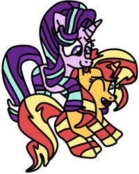 Size: 622x776 | Tagged: safe, artist:jadeharmony, derpibooru import, starlight glimmer, sunset shimmer, pony, unicorn, :p, clothes, cute, duo, female, hug, image, lesbian, mare, one eye closed, open mouth, png, shimmerglimmer, shipping, simple background, socks, striped socks, tongue out, transparent background, wink