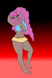 Size: 667x1000 | Tagged: suggestive, artist:slamjam, derpibooru import, pinkie pie, human, absolute cleavage, arm behind head, armpits, barefoot, belly button, braless, breasts, busty pinkie pie, cleavage, clothes, dark skin, erect nipples, feet, female, gradient background, image, jpeg, nipple outline, skirt, solo, solo female