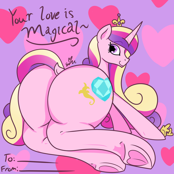 Size: 3000x3000 | Tagged: suggestive, artist:erynerikard, derpibooru import, princess cadance, alicorn, pony, butt, dock, female, heart, heart eyes, heart hoof, hearts and hooves day, image, large butt, looking back, lovebutt, mare, plot, png, presenting, rear view, smiling, solo, solo female, tail, underhoof, valentine's day card, wingding eyes