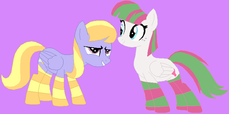 Size: 761x380 | Tagged: safe, artist:jadeharmony, artist:selenaede, derpibooru import, blossomforth, cloud kicker, pegasus, pony, base used, clothes, cloudforth, duo, female, grin, image, lesbian, mare, png, purple background, shipping, simple background, smiling, socks, striped socks