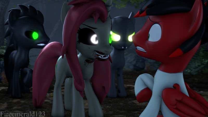 Size: 3840x2160 | Tagged: semi-grimdark, artist:fireemerald123, derpibooru import, oc, oc:holly berry, oc:page feather, oc:smokey, oc:the voice, unofficial characters only, pegasus, unicorn, 3d, fog, forest, glow, glowing eyes, image, night, png, source filmmaker, tree, void entity, watermark