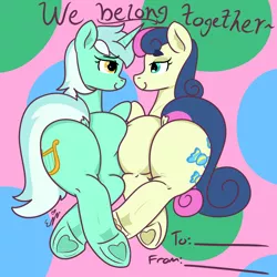 Size: 3000x3000 | Tagged: suggestive, artist:erynerikard, derpibooru import, bon bon, lyra heartstrings, sweetie drops, earth pony, pony, unicorn, bedroom eyes, bon butt, butt, butt squish, dock, duo, duo female, female, heart, heart eyes, heart hoof, hearts and hooves day, image, large butt, lesbian, looking at each other, looking up, lyra hindstrings, lyrabon, lyrebutt, mare, plot, plot pair, png, rear view, shipping, smiling, smiling at each other, tail, underhoof, valentine's day card, wingding eyes