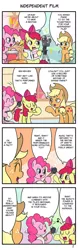 Size: 711x2285 | Tagged: safe, artist:wakyaot34, derpibooru import, apple bloom, applejack, pinkie pie, earth pony, pony, 4 panel comic, 4koma, banjo, camera, comic, drums, female, filly, foal, image, japanese, jpeg, mare, moon runes, musical instrument, smiling, speech bubble, translation, trumpet