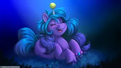 Size: 1280x720 | Tagged: safe, artist:sugaryviolet, derpibooru import, izzy moonbow, ball, cute, eyes closed, g5, horn, horn impalement, image, izzy's tennis ball, izzybetes, lying down, night, open mouth, png, prone, solo, tennis ball