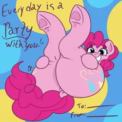 Size: 3000x3000 | Tagged: suggestive, artist:erynerikard, derpibooru import, pinkie pie, earth pony, pony, balloonbutt, big grin, butt, butt touch, dock, female, grin, heart, heart eyes, heart hoof, hearts and hooves day, hoof on butt, image, large butt, legs in air, lying down, mare, on back, plot, png, presenting, rear view, smiling, solo, solo female, tail, underhoof, valentine's day card, wingding eyes