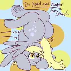 Size: 3000x3000 | Tagged: suggestive, artist:erynerikard, derpibooru import, derpy hooves, pegasus, pony, blushing, bubble butt, butt, dock, female, heart, heart eyes, heart hoof, hearts and hooves day, image, large butt, mare, plot, png, pun, smiling, solo, solo female, spread wings, tail, underhoof, upside down, valentine's day card, wavy mouth, wingding eyes, wings