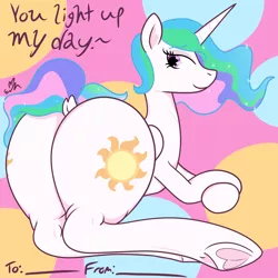 Size: 3000x3000 | Tagged: suggestive, artist:erynerikard, derpibooru import, princess celestia, alicorn, pony, butt, dock, female, heart, heart eyes, heart hoof, hearts and hooves day, image, large butt, looking back, mare, plot, png, presenting, pun, rear view, smiling, solo, solo female, sunbutt, tail, underhoof, valentine's day card, wingding eyes