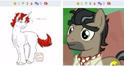 Size: 476x255 | Tagged: safe, artist:whitegwava, derpibooru import, screencap, doctor caballeron, moondancer, pony, unicorn, derpibooru, twibooru, daring doubt, season 9, spoiler:s09, chest fluff, close-up, clothes, cropped, cute, cutealleron, duo, duo male and female, female, g1, grin, happy, image, implied straight, jpeg, juxtaposition, male, meta, smiling, stallion