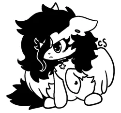 Size: 612x573 | Tagged: safe, artist:computershits, derpibooru import, oc, oc:ocean eyes, unofficial characters only, pegasus, pony, :<, :c, >:c, chest fluff, choker, ear fluff, ear piercing, earring, eyelashes, eyeliner, female, fluffy, frown, heart, heart hoof, image, jewelry, makeup, mare, monochrome, piercing, png, solo, stars