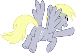 Size: 8000x5625 | Tagged: safe, derpibooru import, derpy hooves, pegasus, pony, no second prances, season 6, ^^, absurd resolution, bubble butt, butt, cute, derpabetes, eyes closed, female, flying, grin, hello, image, mare, plot, png, rear view, simple background, smiling, solo, spread wings, transparent background, waving, wings