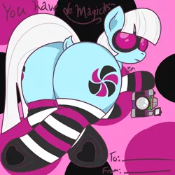 Size: 3000x3000 | Tagged: suggestive, artist:erynerikard, derpibooru import, photo finish, earth pony, pony, butt, camera, clothes, dock, female, heart, heart hoof, hearts and hooves day, image, large butt, looking at you, looking back, looking back at you, mare, plot, png, presenting, rear view, socks, solo, solo female, striped socks, sunglasses, tail, valentine's day card