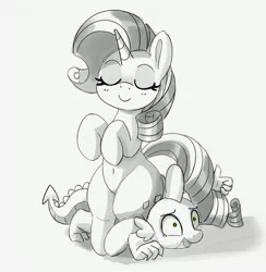 Size: 3651x3747 | Tagged: suggestive, artist:pabbley, derpibooru import, rarity, spike, dragon, pony, unicorn, belly button, bottom heavy, eyes closed, female, image, jpeg, male, mare, monochrome, neo noir, partial color, rarihips, simple background, sitting, sitting on person, smiling, thumbs up, white background, wide hips