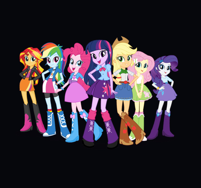 Size: 828x778 | Tagged: safe, derpibooru import, applejack, fluttershy, pinkie pie, rainbow dash, rarity, sci-twi, sunset shimmer, twilight sparkle, equestria girls, black background, humane five, humane seven, humane six, image, jpeg, simple background, solo