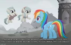 Size: 784x499 | Tagged: safe, derpibooru import, barley barrel, pickle barrel, rainbow dash, robert lutece, rosalind lutece, rainbow roadtrip, bioshock, bioshock infinite, booker dewitt, brother and sister, desaturated, female, image, jpeg, lutece twins, male, siblings, twins