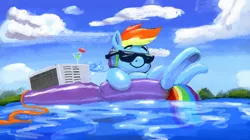 Size: 2732x1527 | Tagged: safe, artist:phutashi, derpibooru import, rainbow dash, pegasus, pony, air conditioner, chillaxing, crossed legs, female, frog (hoof), image, inner tube, lying down, mare, martini glass, png, smiling, solo, summer, sunglasses, swimming pool, this will end in death, this will end in electrocution, too dumb to live, underhoof