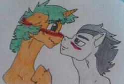 Size: 1149x779 | Tagged: safe, artist:tejedora, derpibooru import, rumble, snails, pegasus, pony, unicorn, blushing, bust, ear blush, floppy ears, gay, graph paper, image, jpeg, looking at each other, looking at someone, looking into each others eyes, male, older, older rumble, older snails, rumblesnails, smiling, stallion, traditional art, wavy mouth