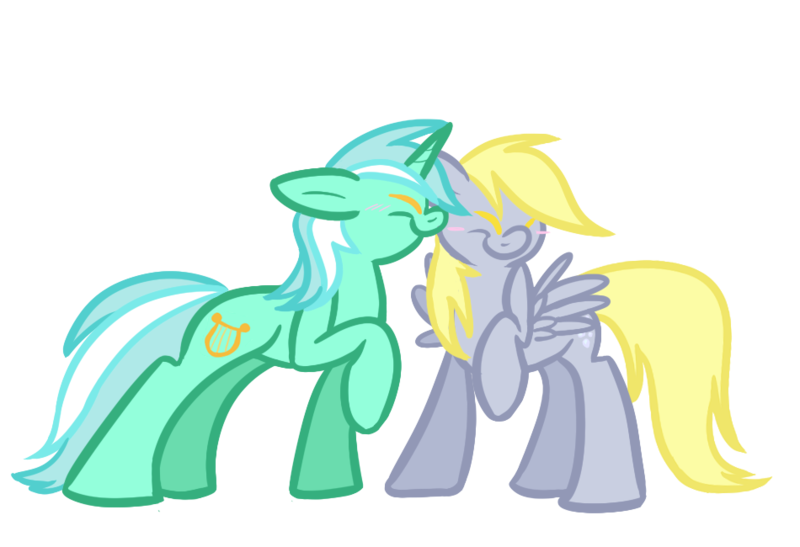 Size: 950x650 | Tagged: safe, artist:selective-yellow, derpibooru import, derpy hooves, lyra heartstrings, pegasus, pony, unicorn, blushing, eyes closed, female, floppy ears, image, lesbian, lyraderp, mare, nuzzling, png, raised hoof, shipping, simple background, smiling, transparent background