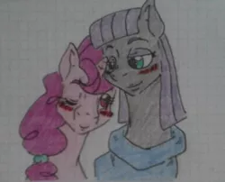 Size: 1119x903 | Tagged: safe, artist:tejedora, derpibooru import, maud pie, sugar belle, earth pony, pony, unicorn, blushing, bust, female, graph paper, height difference, image, jpeg, lesbian, looking at each other, mare, one eye closed, smiling, smiling at each other, traditional art