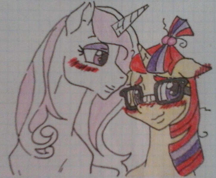 Size: 959x791 | Tagged: safe, artist:tejedora, derpibooru import, fleur-de-lis, moondancer, pony, unicorn, blushing, bust, ear blush, eyeshadow, female, fleurdancer, floppy ears, glasses, graph paper, image, jpeg, lesbian, looking away, makeup, mare, smiling, traditional art, wavy mouth