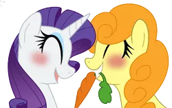 Size: 1038x653 | Tagged: safe, artist:faith-wolff, derpibooru import, carrot top, golden harvest, rarity, earth pony, pony, unicorn, blushing, bust, carrot, eyes closed, eyeshadow, female, food, grin, image, lesbian, makeup, mare, mouth hold, open mouth, open smile, png, rariharvest, shipping, simple background, smiling, transparent background