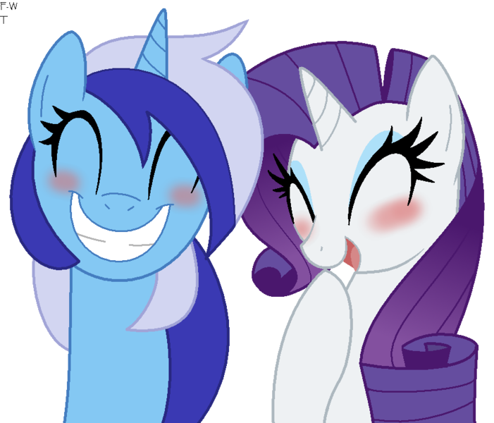Size: 893x764 | Tagged: safe, artist:faith-wolff, derpibooru import, minuette, rarity, pony, unicorn, bust, eyes closed, eyeshadow, female, grin, image, laughing, makeup, mare, minurarity, open mouth, open smile, png, simple background, smiling, transparent background