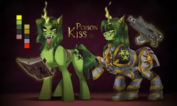 Size: 2778x1666 | Tagged: safe, artist:msbel, derpibooru import, oc, oc:poison kiss, unofficial characters only, unicorn, armor, bolter, book, chaos, crossover, fanfic art, fangs, female, gun, horn, image, iron warriors, magic, png, power armor, reference sheet, solo, solo female, telekinesis, unicorn oc, warhammer (game), warhammer 40k, weapon