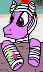 Size: 158x260 | Tagged: safe, artist:ladyanidraws, derpibooru import, edit, bandage pony, hard knocks, earth pony, pony, bandage, bed, blanket, clover, cropped, heart, hospital, hospital bed, image, lightning, male, pillow, png, smiling, stallion, sticker