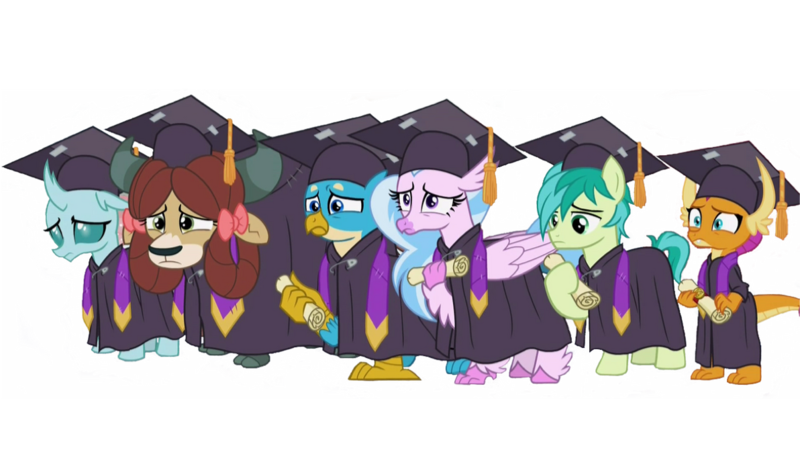 Size: 1192x670 | Tagged: safe, artist:loneboy48, derpibooru import, edit, edited screencap, screencap, gallus, ocellus, sandbar, silverstream, smolder, yona, changeling, dragon, earth pony, gryphon, hippogriff, pony, yak, school raze, background removed, image, png, simple background, solo, student six, transparent background