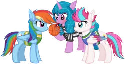 Size: 5443x2778 | Tagged: safe, artist:cyanlightning, derpibooru import, izzy moonbow, rainbow dash, zipp storm, pegasus, pony, unicorn, my little pony: a new generation, basketball, blowing whistle, clothes, commission, commissioner:crimsonvalentazure, dress, female, females only, g4, g5, g5 to g4, generation leap, image, mare, png, puffy cheeks, rainbow dashs coaching whistle, red face, referee, shirt, sports, whistle, whistle necklace
