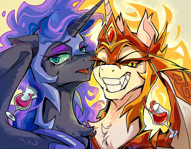 Size: 1445x1126 | Tagged: safe, artist:千雲九枭, derpibooru import, daybreaker, nightmare moon, princess celestia, princess luna, pony, alcohol, armor, chest fluff, glass, image, jpeg, lighting eyes, looking at you, smiling, tongue out, wine, wine glass