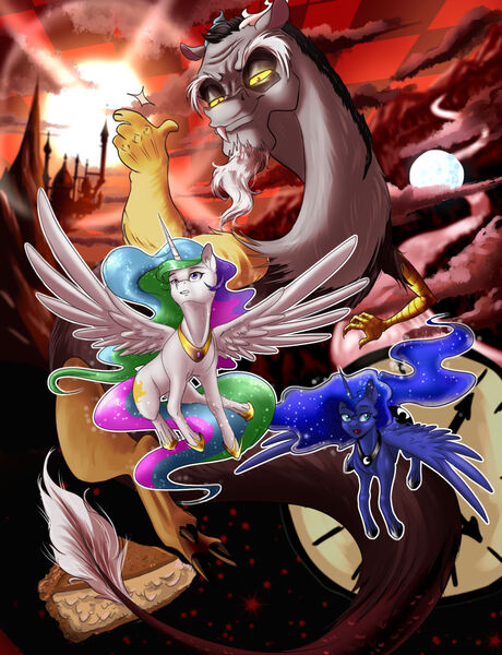 Size: 1280x1668 | Tagged: safe, artist:gloomydinosaur, derpibooru import, discord, princess celestia, princess luna, alicorn, draconequus, pony, canterlot, clock, female, fight, food, image, jpeg, male, mare, outline, pie, royal sisters, siblings, sisters, spread wings, trio, white outline, wings