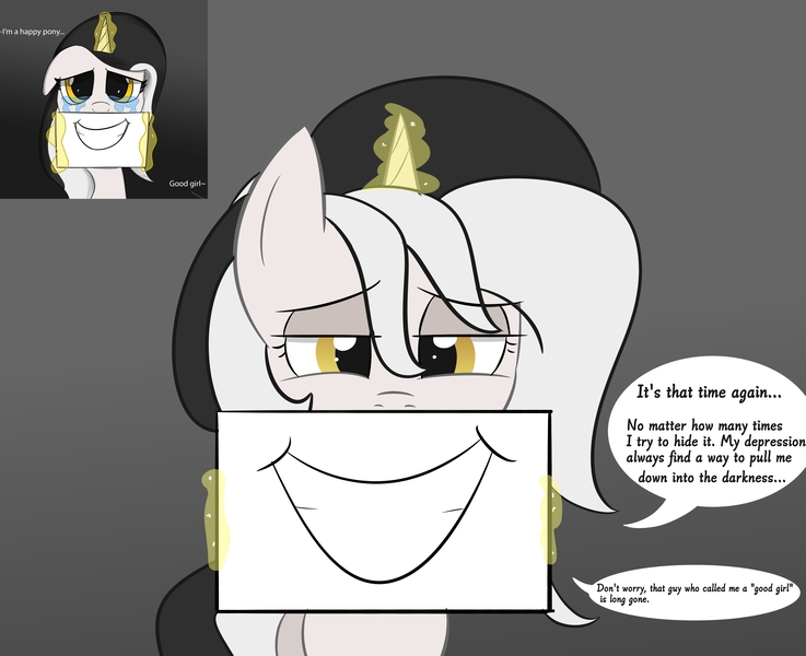 Size: 2992x2437 | Tagged: safe, artist:bestponies, derpibooru import, oc, oc:diamond horseshoe, unofficial characters only, pony, unicorn, crying, depressed, depression, dialogue, fake smile, female, floppy ears, good girl, grin, horn, image, jpeg, levitation, looking at you, magic, mare, remastered, sad, smiling, solo, telekinesis, unicorn oc, vent art