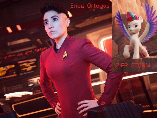 Size: 640x480 | Tagged: safe, derpibooru import, zipp storm, human, pegasus, pony, my little pony: a new generation, erica ortegas, female, g5, image, jpeg, mare, melissa navia, star trek, star trek strange new worlds