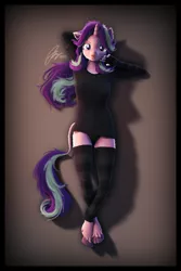 Size: 3600x5400 | Tagged: suggestive, artist:imafutureguitarhero, derpibooru import, starlight glimmer, anthro, classical unicorn, pony, unguligrade anthro, unicorn, art pack:pin-up paradise 2022, 3d, :p, absurd resolution, adorasexy, arm behind head, border, cheek fluff, chromatic aberration, clothes, cloven hooves, colored eyebrows, colored eyelashes, crossed hooves, crossed legs, cute, ear fluff, evening gloves, female, film grain, fingerless elbow gloves, fingerless gloves, floppy ears, fluffy, from above, fur, gloves, hoof fluff, horn, image, jpeg, leg fluff, leonine tail, long gloves, long hair, long mane, looking at you, lying down, mare, messy hair, messy mane, messy tail, multicolored hair, multicolored mane, multicolored tail, neck fluff, nose wrinkle, on back, on floor, one ear down, paintover, panties, pinup, raised eyebrow, revamped anthros, revamped ponies, sexy, shadow, shirt, signature, socks, solo, solo female, source filmmaker, stockings, striped gloves, striped socks, striped stockings, tail, tail fluff, thigh highs, tongue out, underwear, unshorn fetlocks, wall of tags