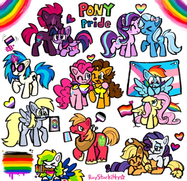 Size: 1665x1610 | Tagged: safe, artist:raystarkitty, derpibooru import, derpy hooves, alicorn, earth pony, pegasus, pony, unicorn, asexual, asexual pride flag, bisexual pride flag, eyes closed, female, gay pride flag, genderfluid pride flag, image, jpeg, lesbian, neckerchief, nonbinary, nonbinary pride flag, one eye closed, pansexual pride flag, peace sign, pride, pride flag, pride month, rainbow, transgender pride flag, transmasculine pride flag