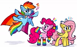Size: 1335x811 | Tagged: safe, artist:raystarkitty, fluttershy, pinkie pie, rainbow dash, earth pony, pegasus, pony, bow, cape, clothes, female, flag, flying, image, jpeg, mare, mouth hold, pride, pride flag, simple background, socks, transgender pride flag, white background