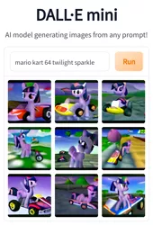 Size: 984x1449 | Tagged: safe, dall·e mini, derpibooru import, machine learning generated, twilight sparkle, pony, artificial intelligence, female, go kart, image, mare, mario kart, png, super mario bros.