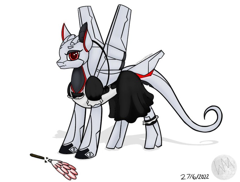 Size: 1002x763 | Tagged: safe, artist:wyntermoon, derpibooru import, oc, oc:xr-47 primax, original species, pony, ponymorph, robot, robot pony, apron, clothes, dress, dress uniform, duster, female, image, jpeg, maid, mare, simple background, solo, solo female, unhappy