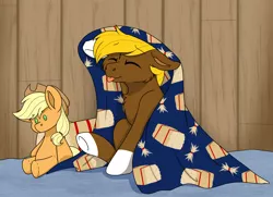 Size: 4040x2928 | Tagged: safe, artist:rokosmith26, derpibooru import, applejack, oc, oc:acres, earth pony, pony, :p, applejack's hat, blanket, cheek fluff, chest fluff, commission, cowboy hat, earth pony oc, eyes closed, floppy ears, hat, hay bale, image, looking up, male, plushie, png, pony plushie, sitting, smiling, solo, stallion, tongue out, underhoof, ych result