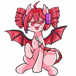 Size: 1200x1200 | Tagged: safe, artist:yukkuri_yu_yu, derpibooru import, oc, ponified, unofficial characters only, bat pony, pony, bat wings, female, headphones, image, jpeg, kasane teto, looking at you, mare, raised hoof, simple background, sitting, solo, spread wings, teto, tongue out, vocaloid, white background, wings