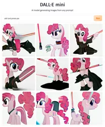 Size: 1536x1846 | Tagged: safe, dall·e mini, derpibooru import, machine learning generated, pinkie pie, earth pony, artificial horn, artificial intelligence, clothes, image, lightsaber, pinkamena diane pie, png, robe, sith, star wars, weapon