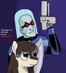 Size: 702x778 | Tagged: safe, artist:pantsuholocaust, derpibooru import, oc, oc:frosty flakes, human, pony, taiga pony, batman the animated series, crossover, dc comics, duo, female, gun, image, mare, mr. freeze, png, text, weapon