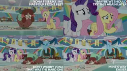 Size: 1280x720 | Tagged: safe, derpibooru import, edit, edited screencap, editor:quoterific, screencap, angel bunny, fluttershy, rainbow dash, rarity, yona, pegasus, pony, unicorn, yak, season 9, she's all yak, spoiler:s09, eyes closed, female, flying, image, jpeg, male, mare, one eye closed, open mouth, open smile, smiling, spread wings, text, wings, wink