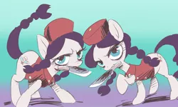 Size: 1894x1139 | Tagged: safe, artist:k-nattoh, derpibooru import, ponified, earth pony, pony, clothes, duo, duo female, female, gradient background, hat, image, jpeg, knife, looking at you, mare, mouth hold, siblings, sisters