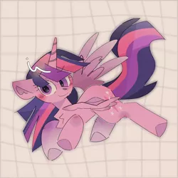 Size: 2048x2048 | Tagged: safe, artist:blairvonglitter, derpibooru import, twilight sparkle, twilight sparkle (alicorn), alicorn, pony, female, horn, image, jpeg, looking at you, mare, simple background, solo, tiled background, white background, wings