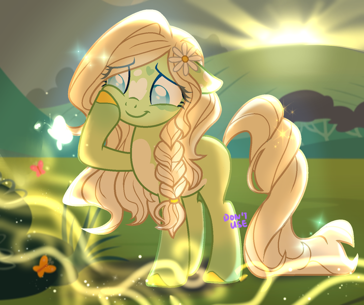 Size: 1567x1314 | Tagged: safe, artist:rily, derpibooru import, oc, oc:chrysolite, oc:littledaisy, unofficial characters only, butterfly, earth pony, insect, pony, blind, curly hair, dawn, image, long mane, png, raised hoof, smiling, solo, stars, sun, sunrise