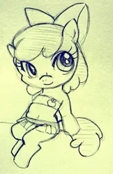 Size: 503x775 | Tagged: safe, artist:sechst_himmel, derpibooru import, apple bloom, earth pony, pony, clothes, female, filly, foal, image, jpeg, sitting, sketch, solo, swimsuit, traditional art, two-piece swimsuit
